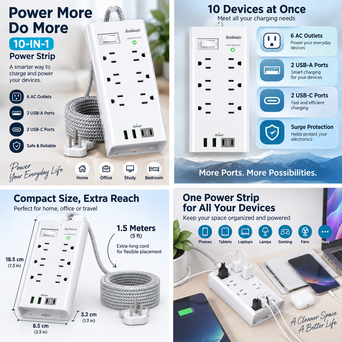 6-Outlet Surge Protector Power Strip with 2 USB-A & 2 USB-C Ports, 5 ft / 1.5 m Braided Extension Cord