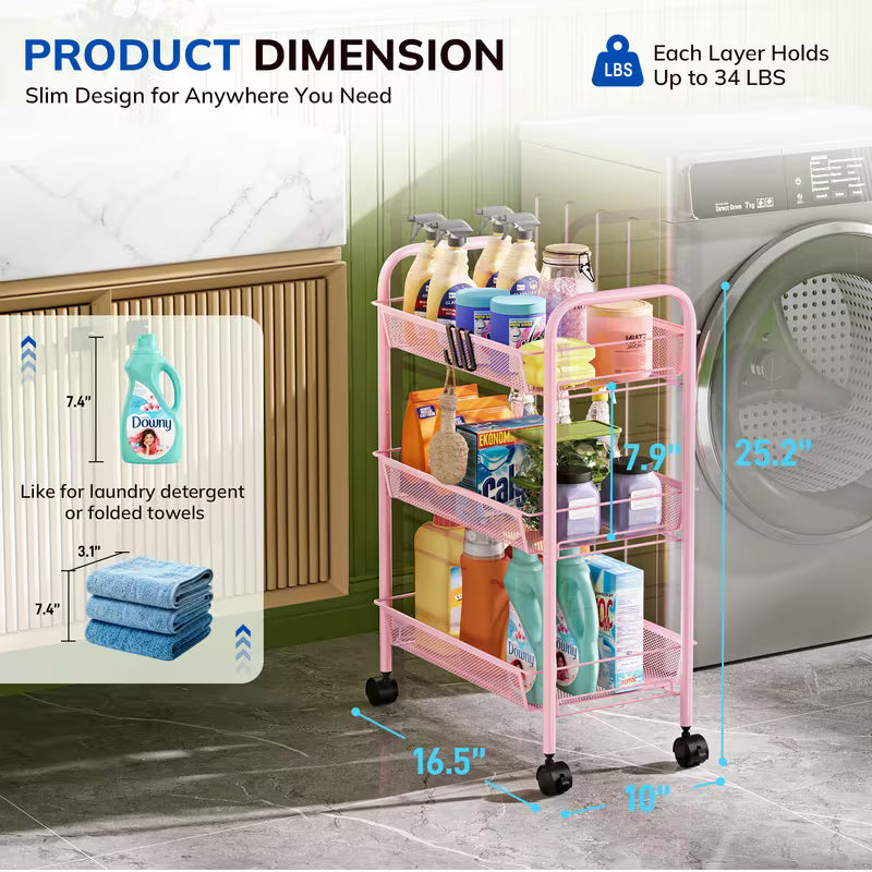 3-Tier Metal Rolling Utility Cart with Wheels & 4 Hooks – Mesh Storage Trolley for Kitchen, Bathroom & Laundry, Pink