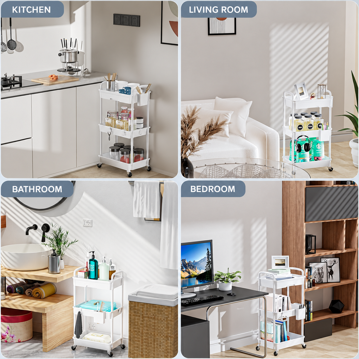White 3-Tier Rolling Utility Cart with Drawer, 2 Side Storage Bins, 4 Hooks and 4 Casters, Multipurpose Plastic Organizer for Kitchen, Bathroom, Bedroom and Office