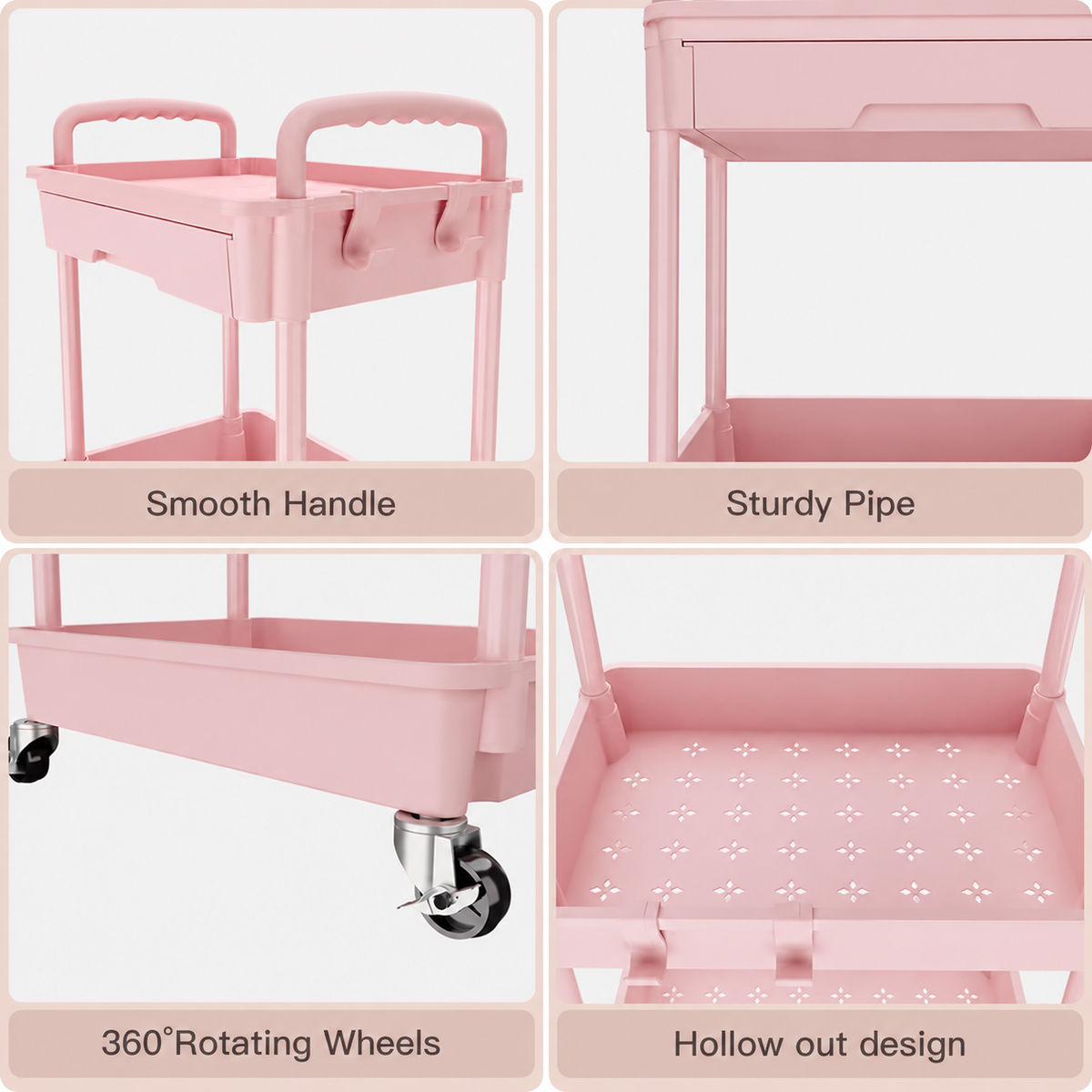 Pink 3-Tier Rolling Utility Cart with Drawer, Side Storage Bins, Hooks and Locking Casters, Multipurpose Organizer for Kitchen, Bathroom, Bedroom and Living Room