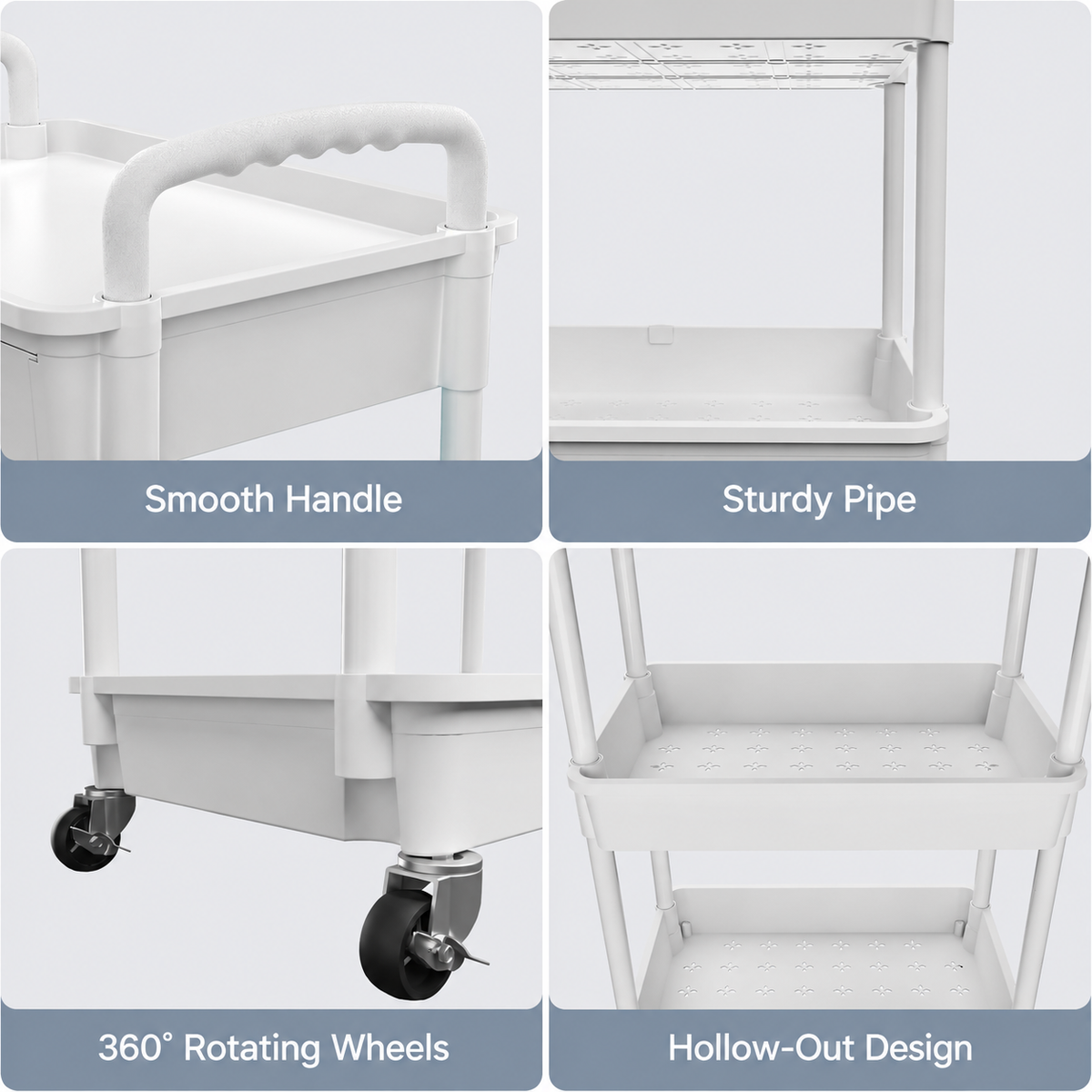 White 3-Tier Rolling Utility Cart with Drawer, 2 Side Storage Bins, 4 Hooks and 4 Casters, Multipurpose Plastic Organizer for Kitchen, Bathroom, Bedroom and Office
