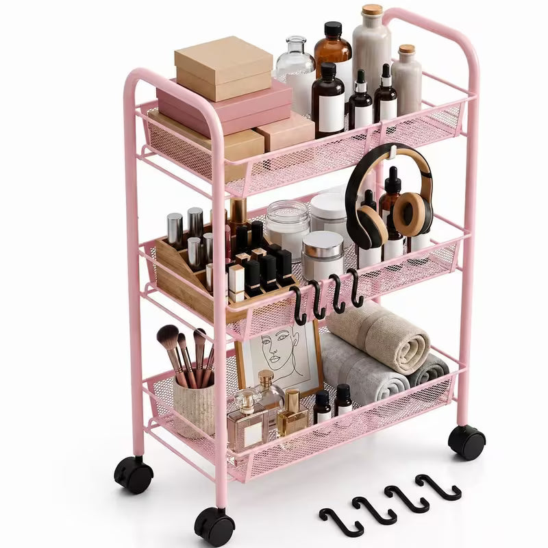 3-Tier Metal Rolling Utility Cart with Wheels & 4 Hooks – Mesh Storage Trolley for Kitchen, Bathroom & Laundry, Pink