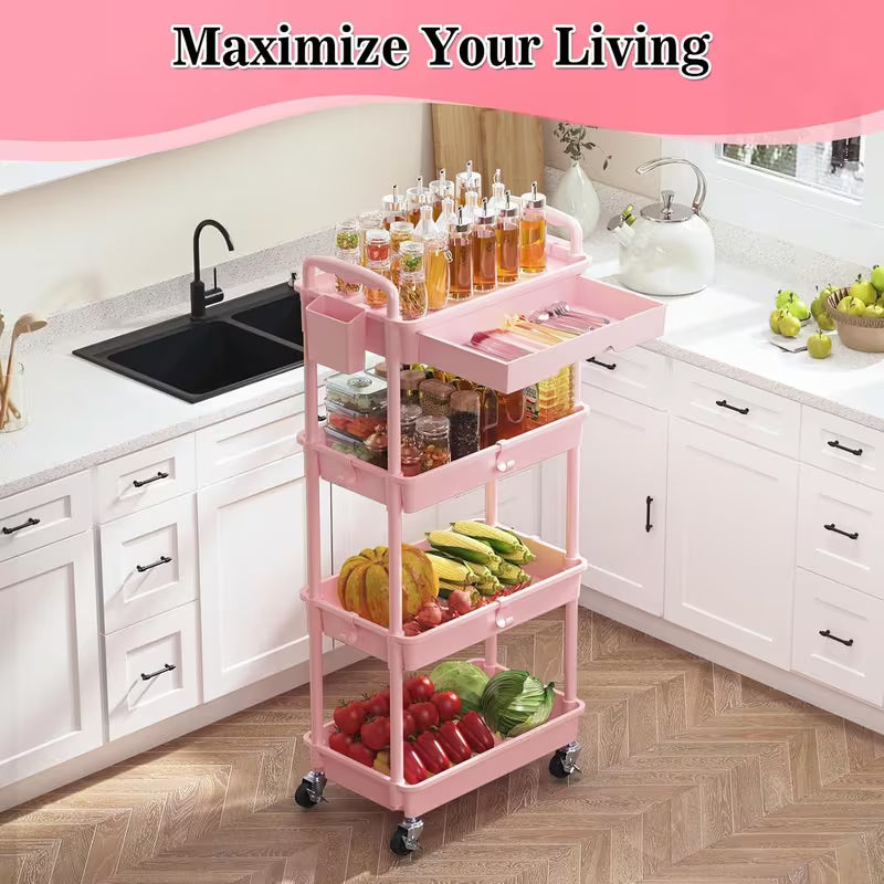 4-Tier Rolling Storage Cart Organizer with Drawer and Wheels – Pink