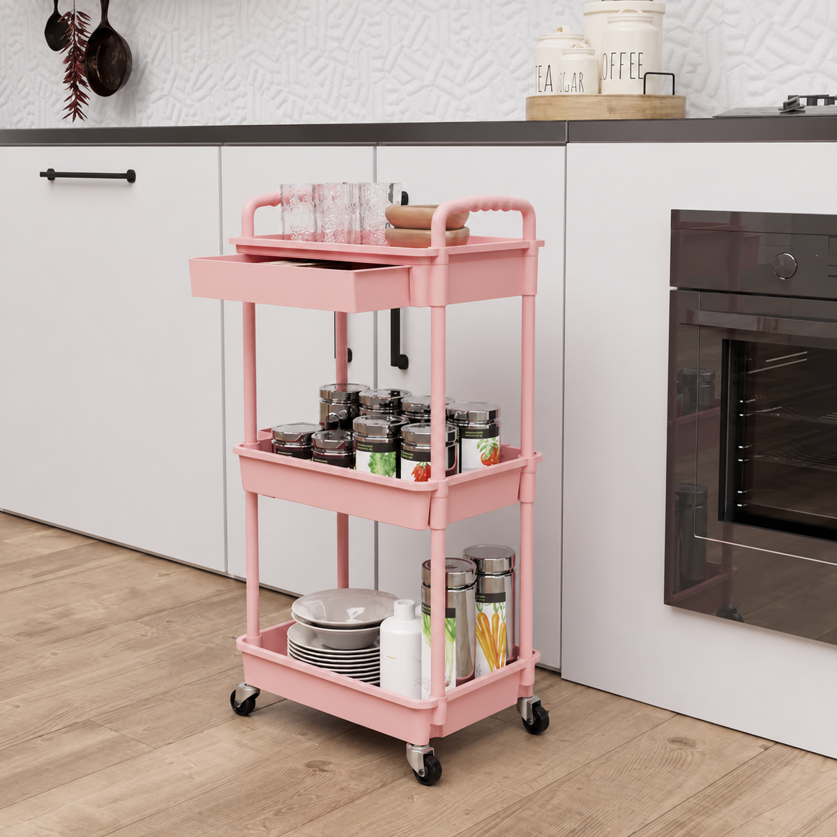 Pink 3-Tier Rolling Utility Cart with Drawer, Side Storage Bins, Hooks and Locking Casters, Multipurpose Organizer for Kitchen, Bathroom, Bedroom and Living Room