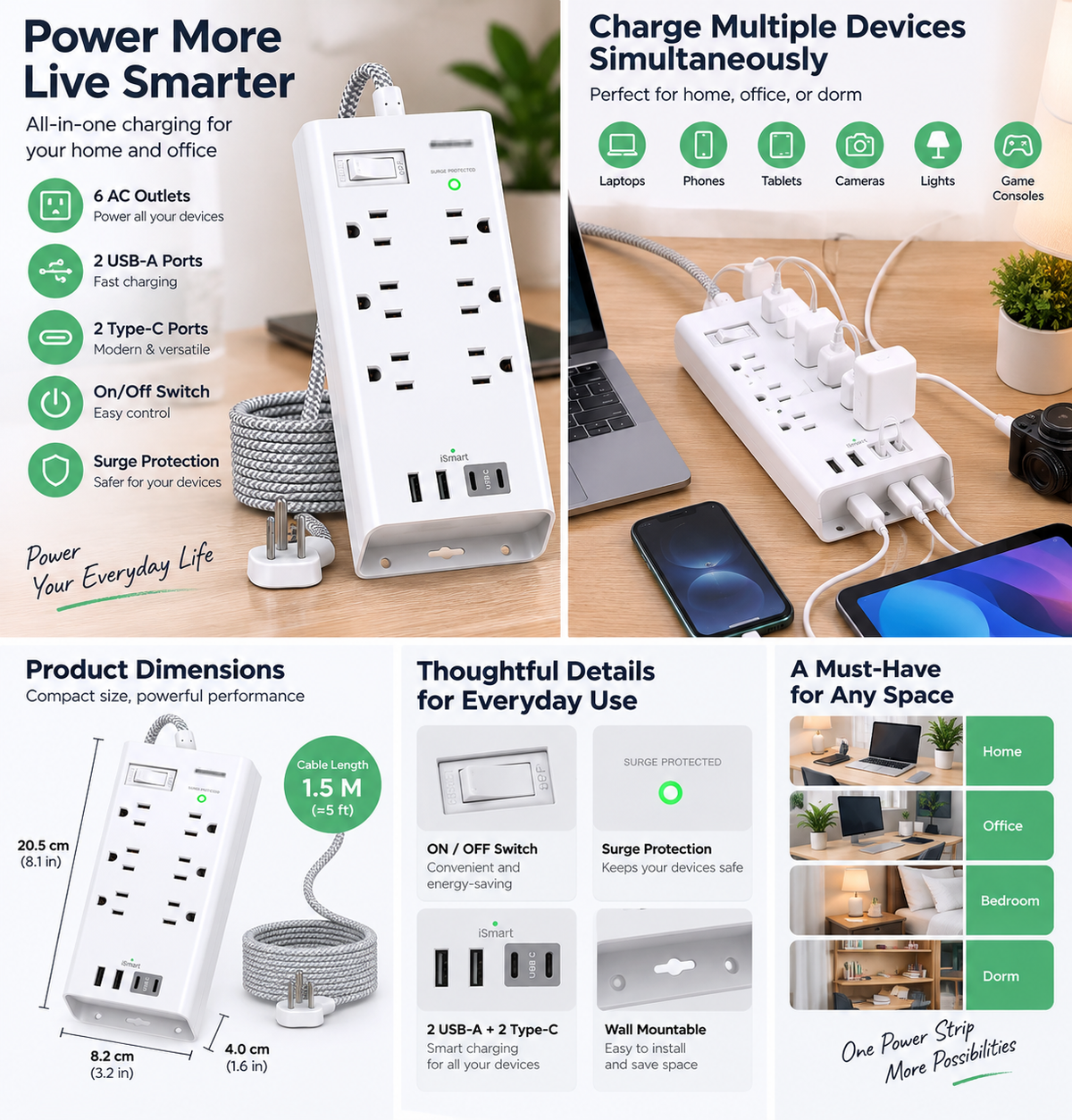 6-Outlet Surge Protector Power Strip with 2 USB-A & 2 USB-C Ports, 5 ft / 1.5 m Braided Extension Cord