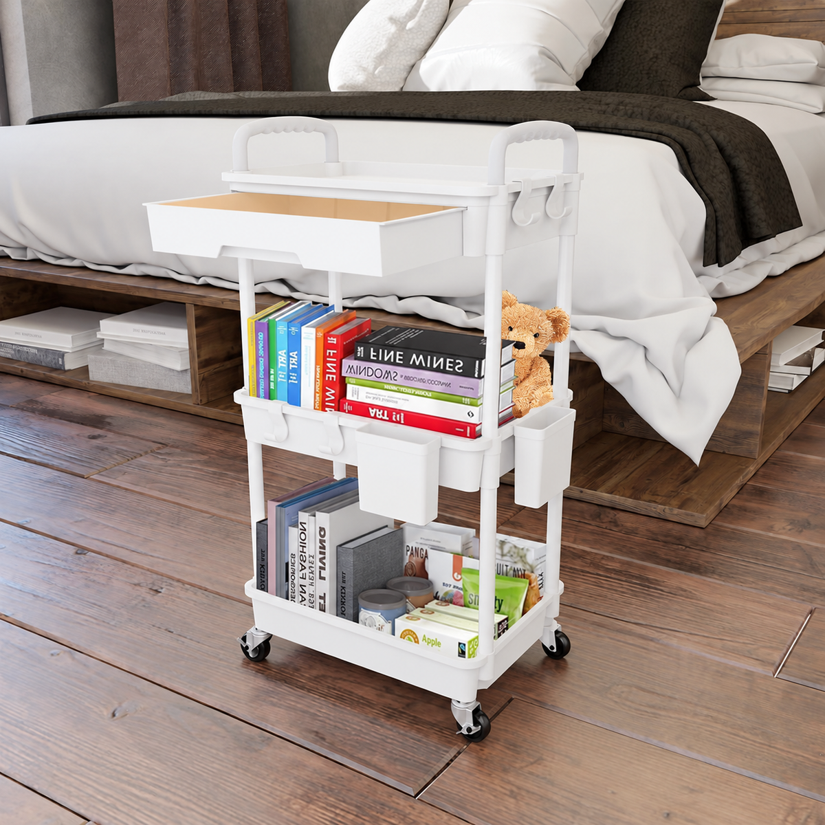 White 3-Tier Rolling Utility Cart with Drawer, 2 Side Storage Bins, 4 Hooks and 4 Casters, Multipurpose Plastic Organizer for Kitchen, Bathroom, Bedroom and Office