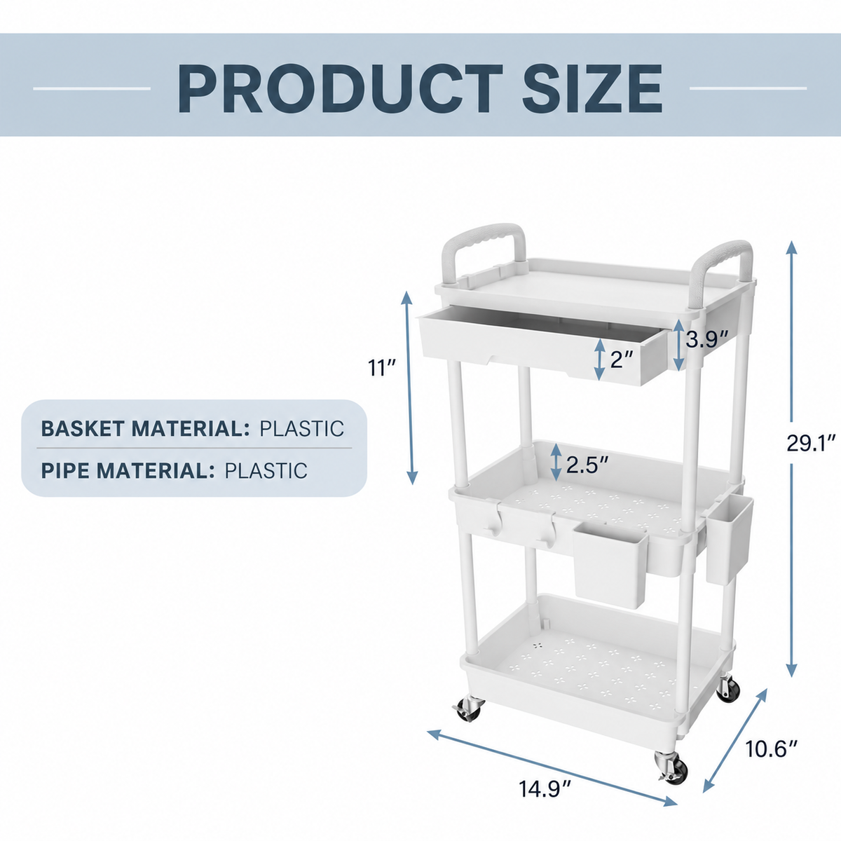 White 3-Tier Rolling Utility Cart with Drawer, 2 Side Storage Bins, 4 Hooks and 4 Casters, Multipurpose Plastic Organizer for Kitchen, Bathroom, Bedroom and Office