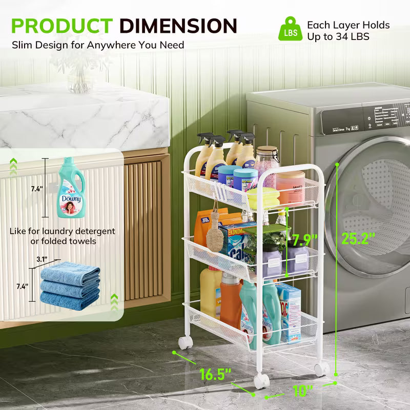 3-Tier Metal Rolling Cart, Mesh Wire Easy Assemble Utility Cart, Storage Trolley on Wheels with 4 Hooks, Metal Storage Shelving Units for Kitchen Bathroom Laundry Living Room, White