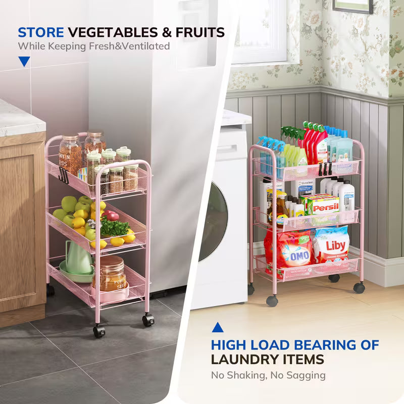 3-Tier Metal Rolling Utility Cart with Wheels & 4 Hooks – Mesh Storage Trolley for Kitchen, Bathroom & Laundry, Pink