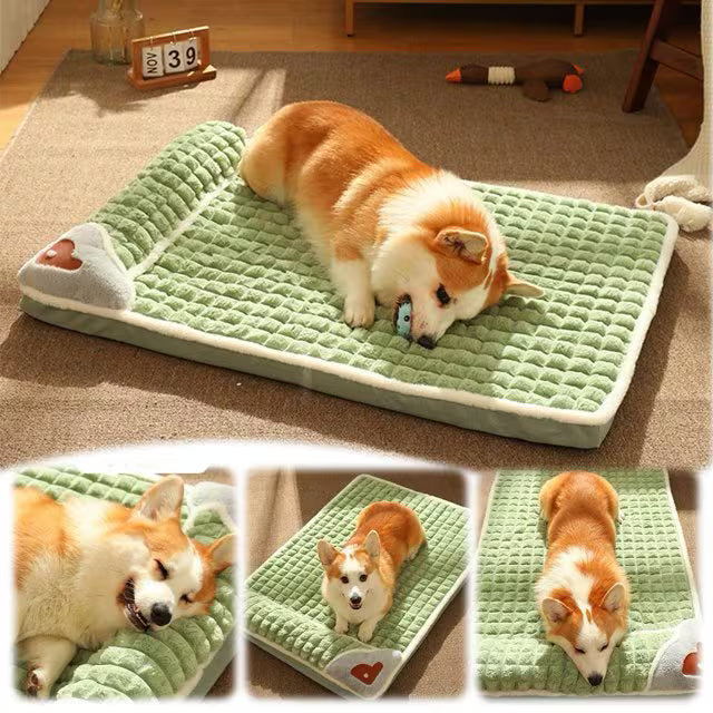 Green warm Dog Bed Mat with Pillow