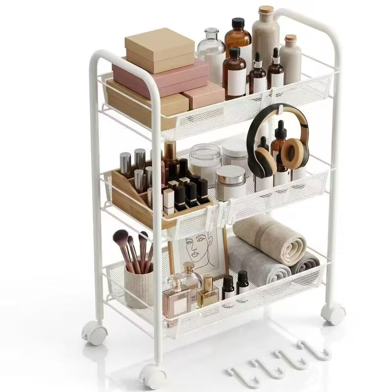 3-Tier Metal Rolling Cart, Mesh Wire Easy Assemble Utility Cart, Storage Trolley on Wheels with 4 Hooks, Metal Storage Shelving Units for Kitchen Bathroom Laundry Living Room, White