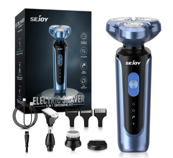 Electric Shaver 5-in-1 Grooming Kit for Men – Rechargeable Rotary Razor with Beard Trimmer, Nose Hair Trimmer, Facial Brush, 2-Speed Power, IPX7 Waterproof Wet & Dry Shaving