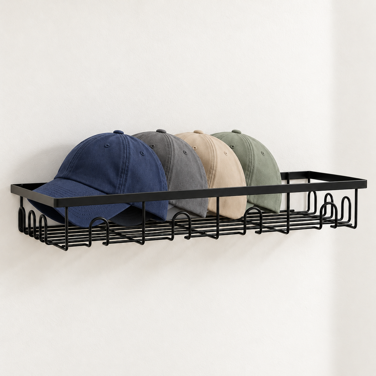 2 Pack Wall Mounted Hat Racks for Baseball Caps Black Metal Shelves with Hooks