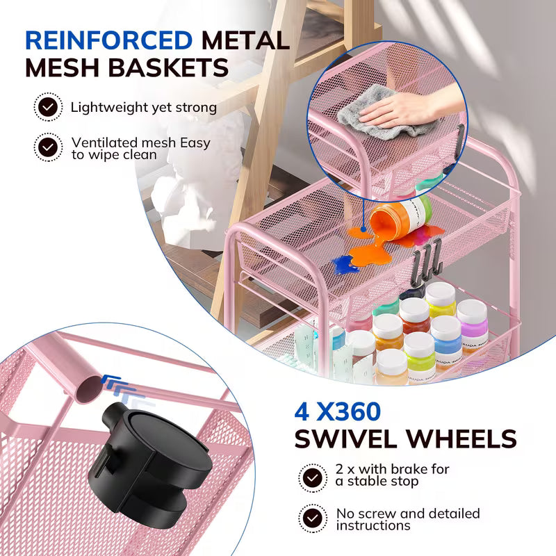 3-Tier Metal Rolling Utility Cart with Wheels & 4 Hooks – Mesh Storage Trolley for Kitchen, Bathroom & Laundry, Pink