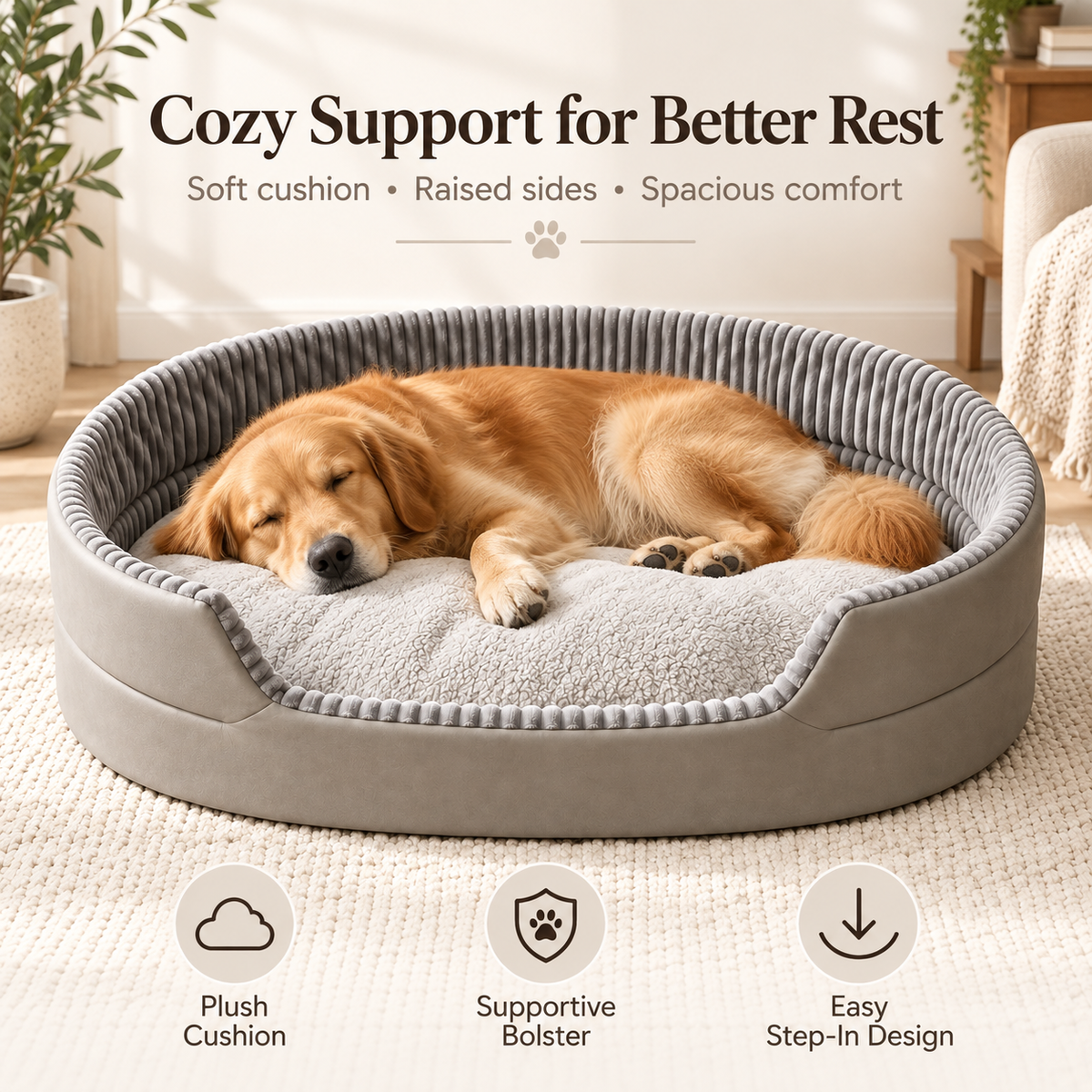 Cozy Oval Dog Bed with Soft Cushion – Raised-Side Pet Sofa Bed for Small & Medium Dogs, Large & XL