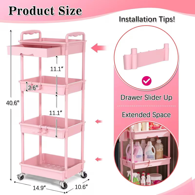 4-Tier Rolling Storage Cart Organizer with Drawer and Wheels – Pink