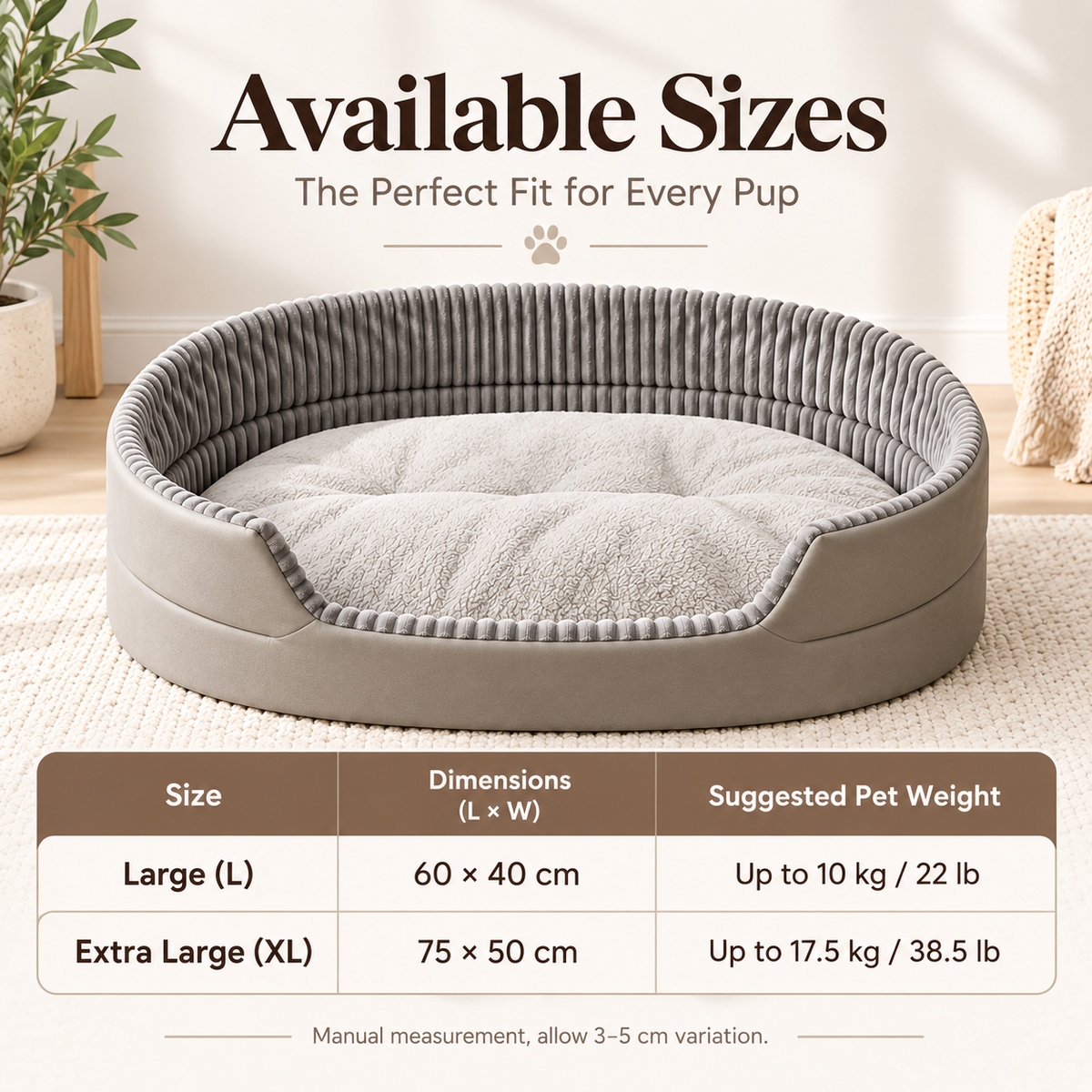 Cozy Oval Dog Bed with Soft Cushion – Raised-Side Pet Sofa Bed for Small & Medium Dogs, Large & XL
