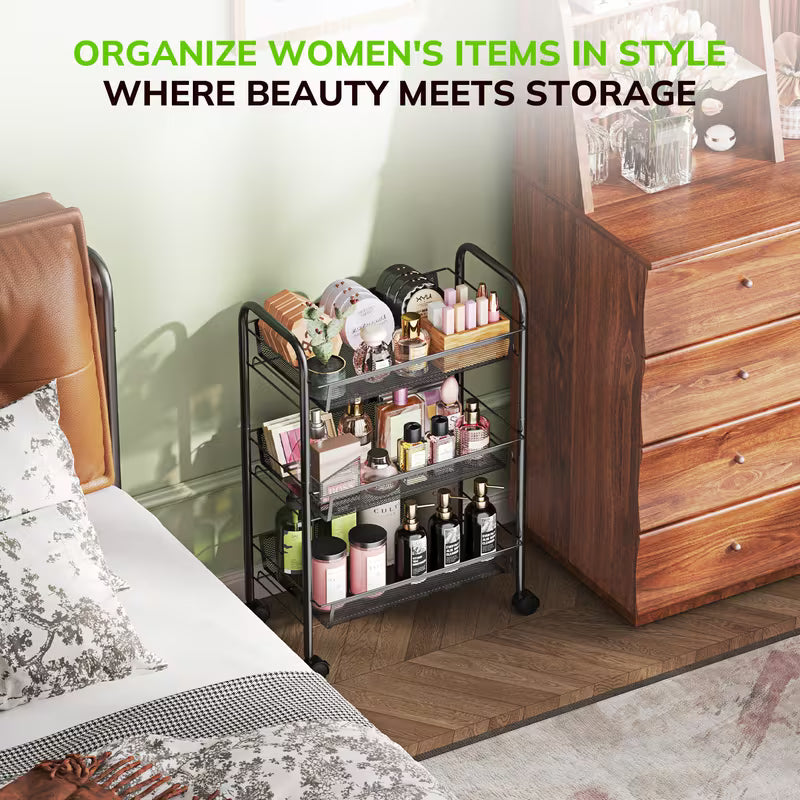 3-Tier Metal Rolling Utility Cart with Wheels & 4 Hooks – Mesh Storage Trolley for Kitchen, Bathroom & Laundry, Black