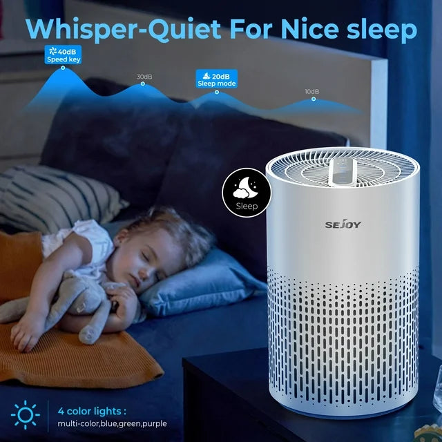 SEJOY家用空气净化器，适用于面积达800平方英尺的大房间，HEPA高效空气净化器，适用于卧室，可去除99.9%的宠物毛发、过敏原、烟雾、异味、灰尘和花粉。