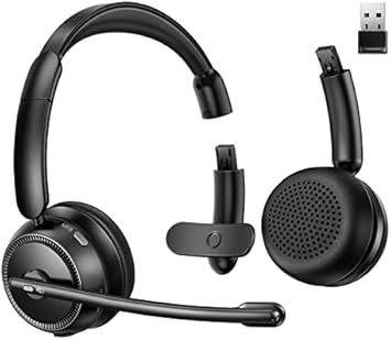 Pointcinco Bluetooth Headset with Noise Canceling Microphone, Convertible Stereo to Mono Headset, Premium Wireless Headset with USB dongle for Game Office Call Center Skype Zoom Meeting Trucker