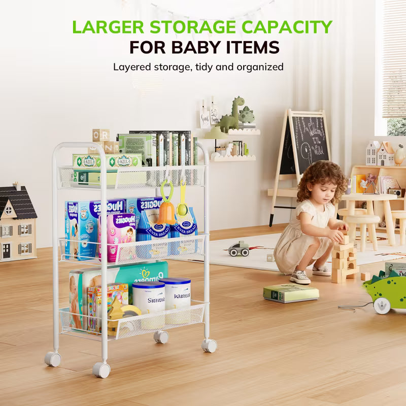 3-Tier Metal Rolling Cart, Mesh Wire Easy Assemble Utility Cart, Storage Trolley on Wheels with 4 Hooks, Metal Storage Shelving Units for Kitchen Bathroom Laundry Living Room, White