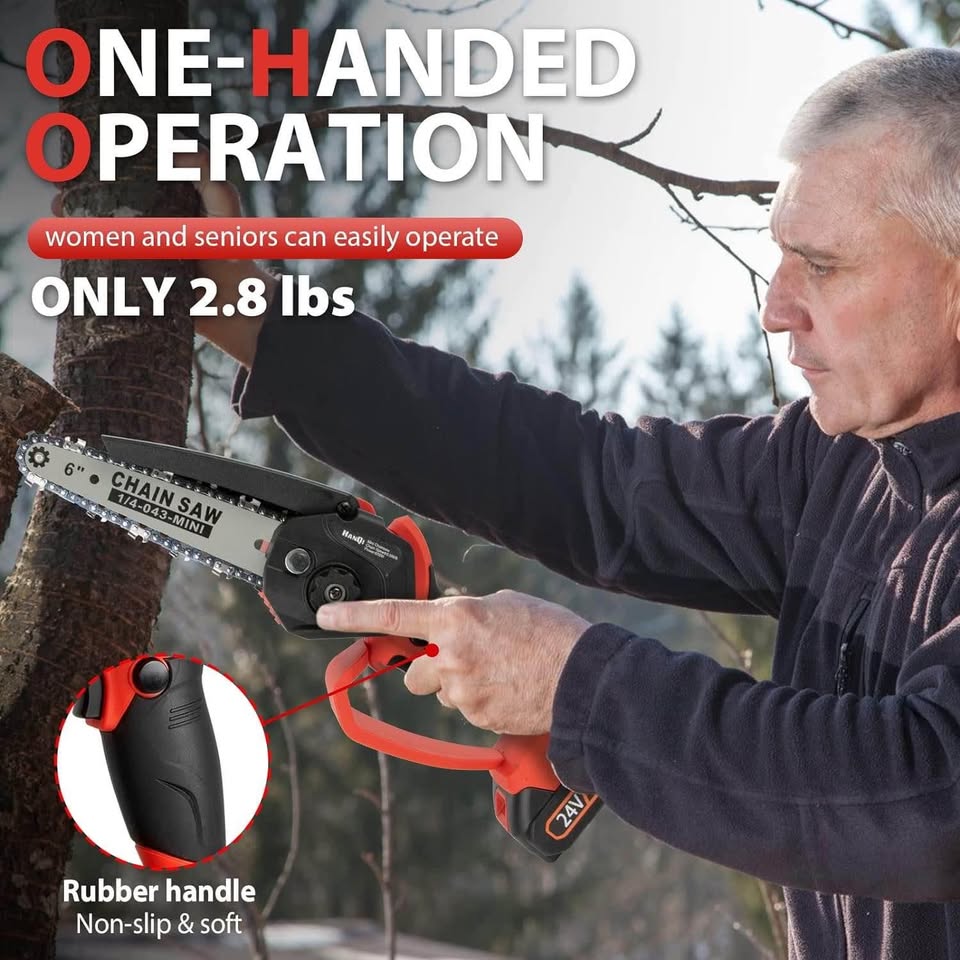 Mini Chainsaw 6-Inch Cordless，HanQi Battery Powered Handheld Chain Saw with 2 Large Capacity Battery and 2 Chains,Electric Small Chainsaw for Wood Cutting Tree Trimming