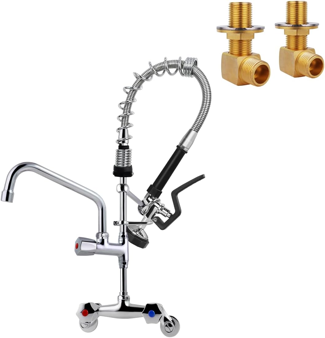 26’’ Commercial Faucet with Sprayer 8 Inch Center Commercial Kitchen Faucet Wall Mount Faucets with Pre-Rinse Sprayer and 10’’ Add-on Swivel Spout