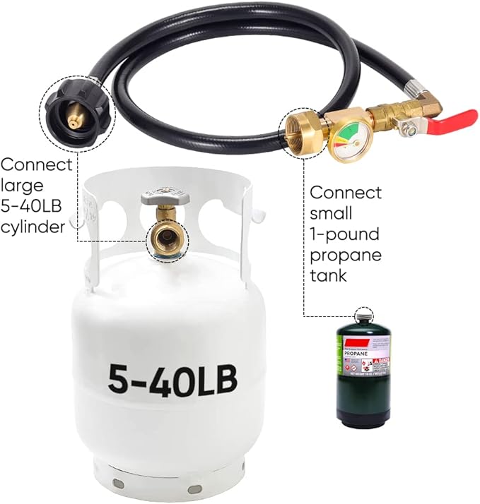 全新升级版带压力表的36英寸丙烷气罐充气适配器软管，350PSI高压露营烧烤炉（QCC/Type 1接口），1磅丙烷气罐适配器连接器，带开关控制阀