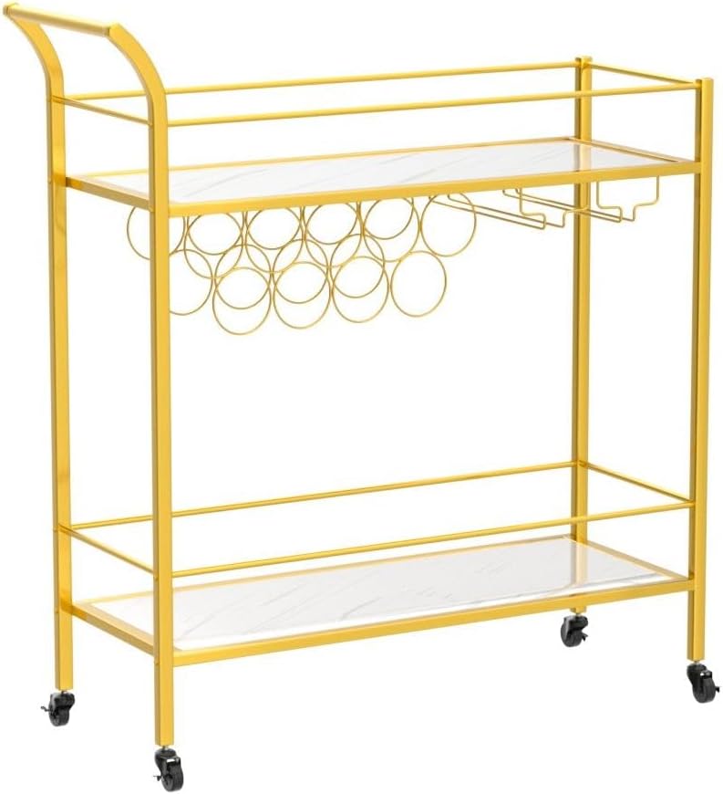 Lifewit Bar Cart Gold, Bar Carts for The Home with 2-Tier Shelf, Home Bar Serving Cart with 9 Wine Bottle Racks, Drink Cart for Kitchen, Dining, Living Room, Gold