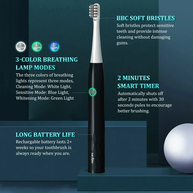 Sejoy Rechargeable Toothbrush Electric with 4 Tooth Heads,for Adults and Kids,Power Sonic Tooth Brush Soft Cleaning,3 Modes ,Smart Timer for Home Travel,Gift,Black