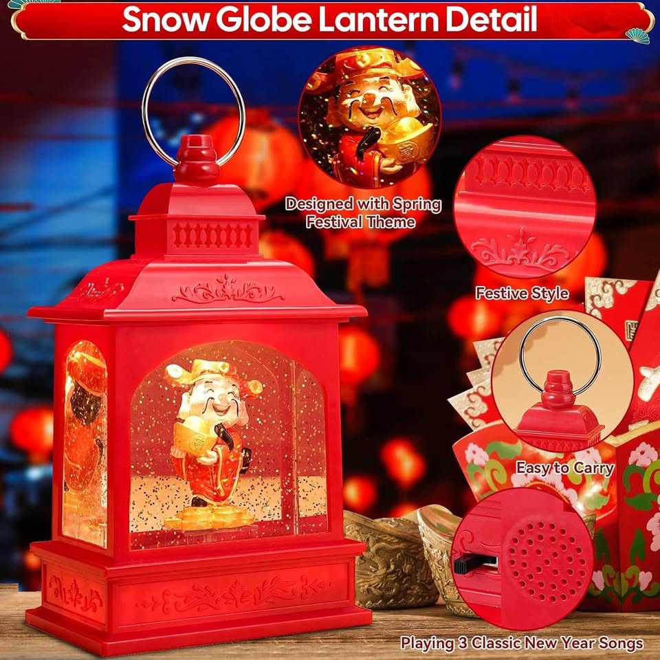 雪花球灯笼装饰品，带音乐灯、水闪雪花球和蔡神雕像，中国农历新年装饰品，USB和电池供电雪花球，春节礼物