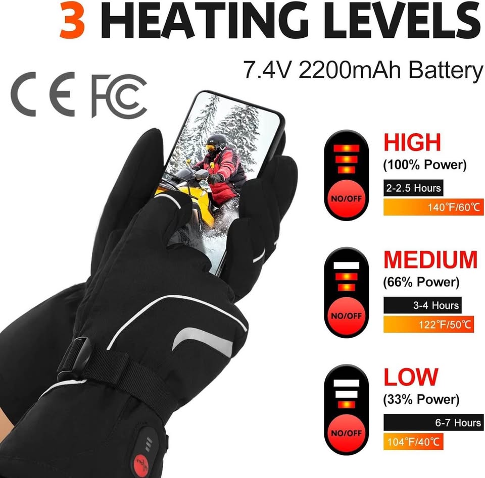 Heated Gloves for Men Women Rechargeable Electric Heating Ski Gloves 7.4V 2200mAH Batterys Touchscreen Waterproof Motorcycle Heat Glove Hand Warmer for Winter Indoor Outdoor Work Skiing Hiking Camping