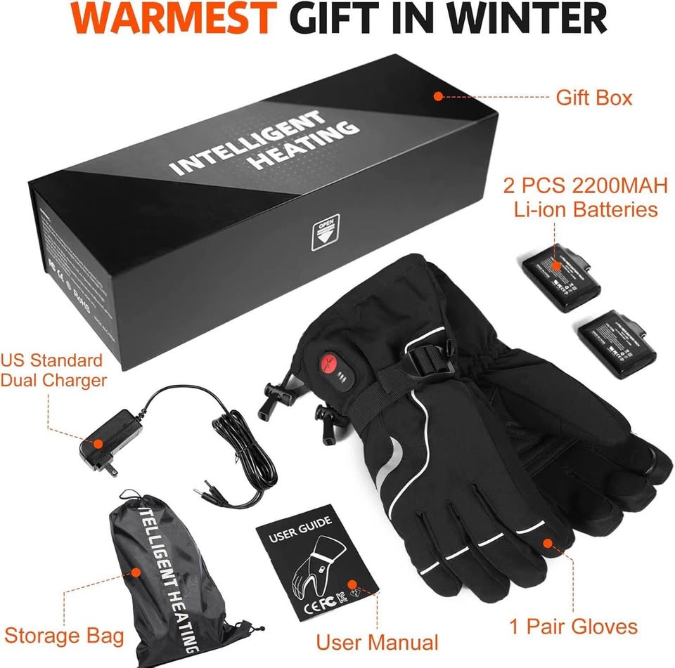 Heated Gloves for Men Women Rechargeable Electric Heating Ski Gloves 7.4V 2200mAH Batterys Touchscreen Waterproof Motorcycle Heat Glove Hand Warmer for Winter Indoor Outdoor Work Skiing Hiking Camping