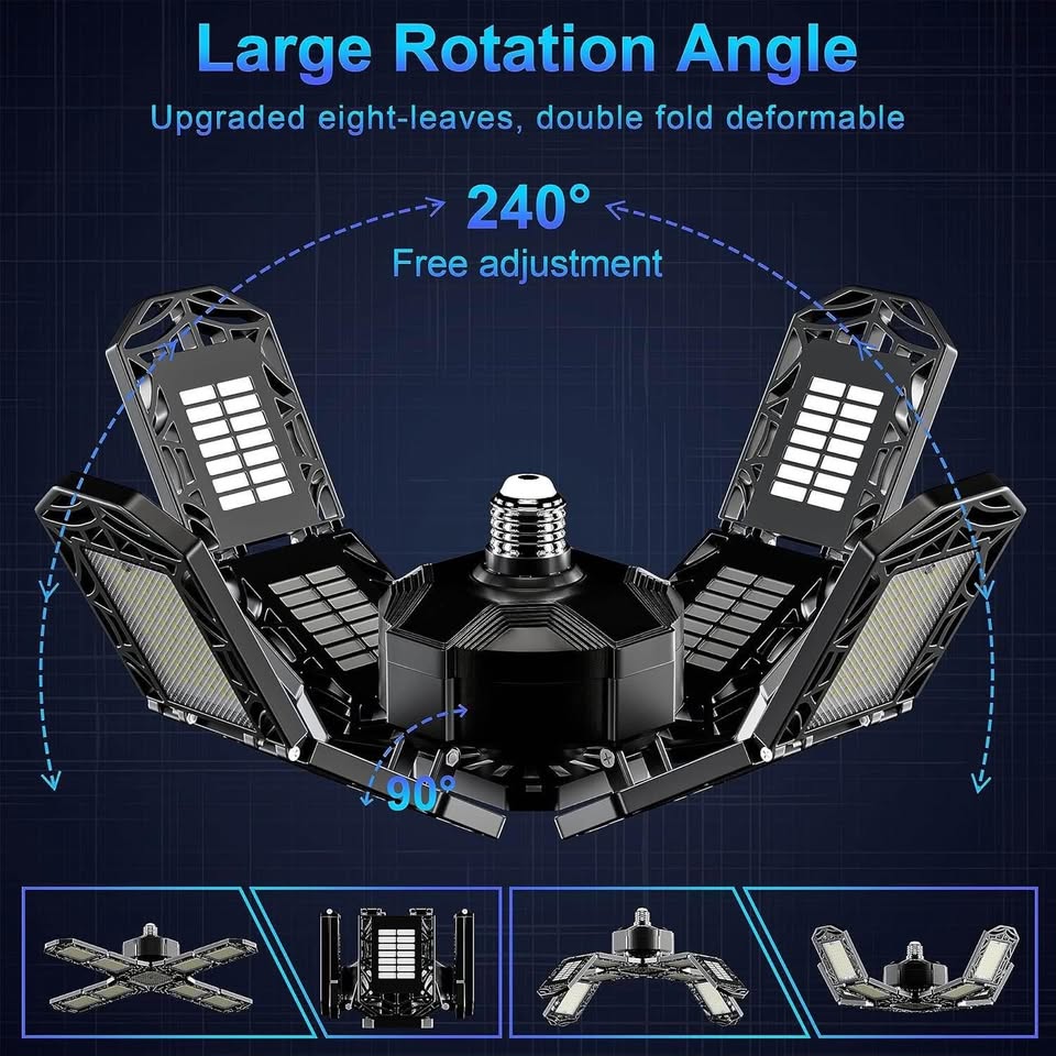 超亮LED车库灯 - 200W 20000流明，可变形E26/E27螺口吸顶工作灯，带8+1个可调节面板，适用于车间和地下室的商业照明