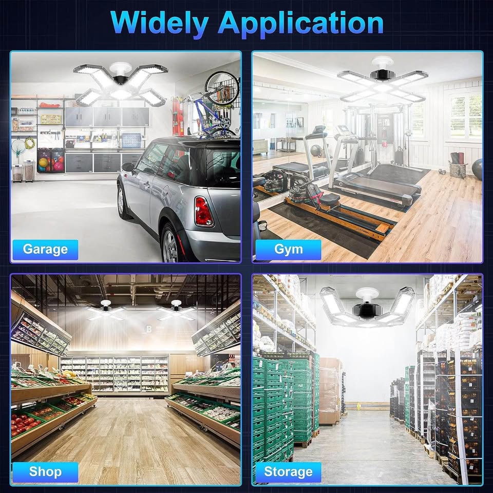 超亮LED车库灯 - 200W 20000流明，可变形E26/E27螺口吸顶工作灯，带8+1个可调节面板，适用于车间和地下室的商业照明