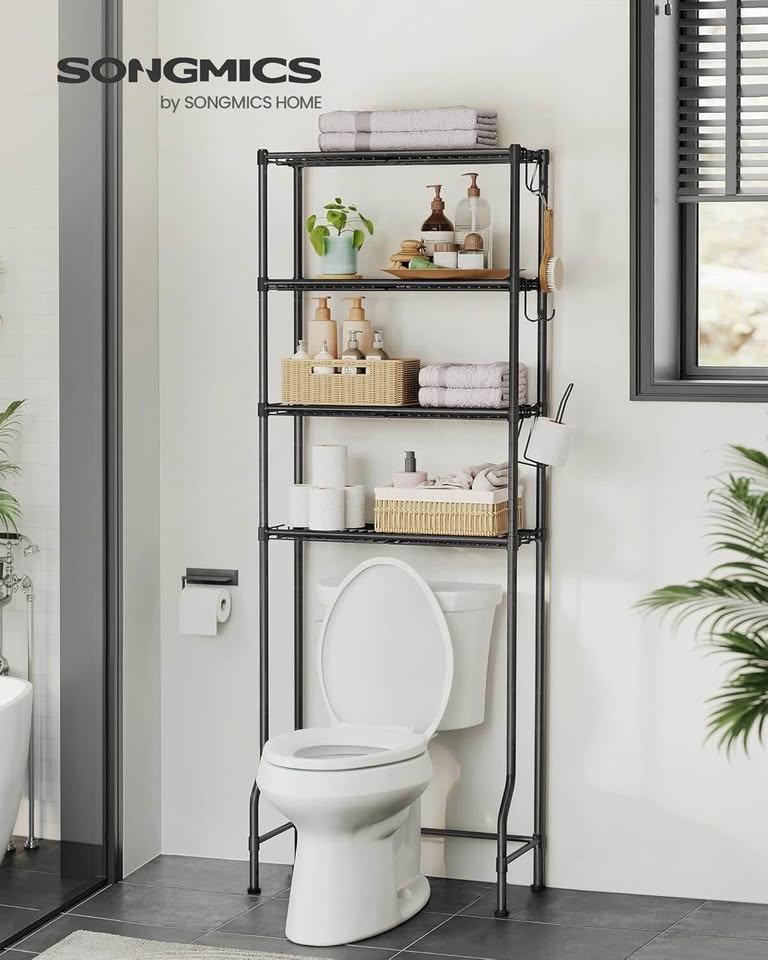 SONGMICS 4 Tier Over The Toilet Storage, Metal Storage Rack, 4 Hooks, Roll Holder, Space-Saving Bathroom Storage Shelf Organizer, Black