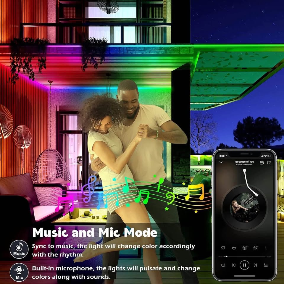 户外LED灯带，防水等级IP68，带App远程控制，音乐同步RGB户外LED灯带，适用于阳台、露台、屋顶、花园、泳池（60米/200英尺）