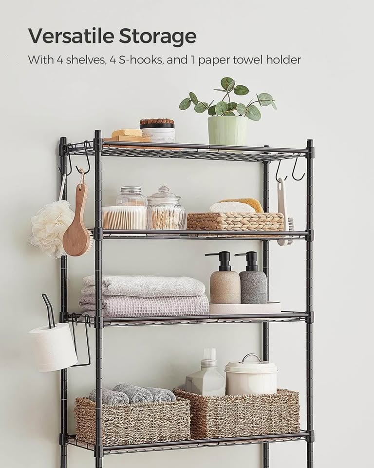 SONGMICS 4 Tier Over The Toilet Storage, Metal Storage Rack, 4 Hooks, Roll Holder, Space-Saving Bathroom Storage Shelf Organizer, Black