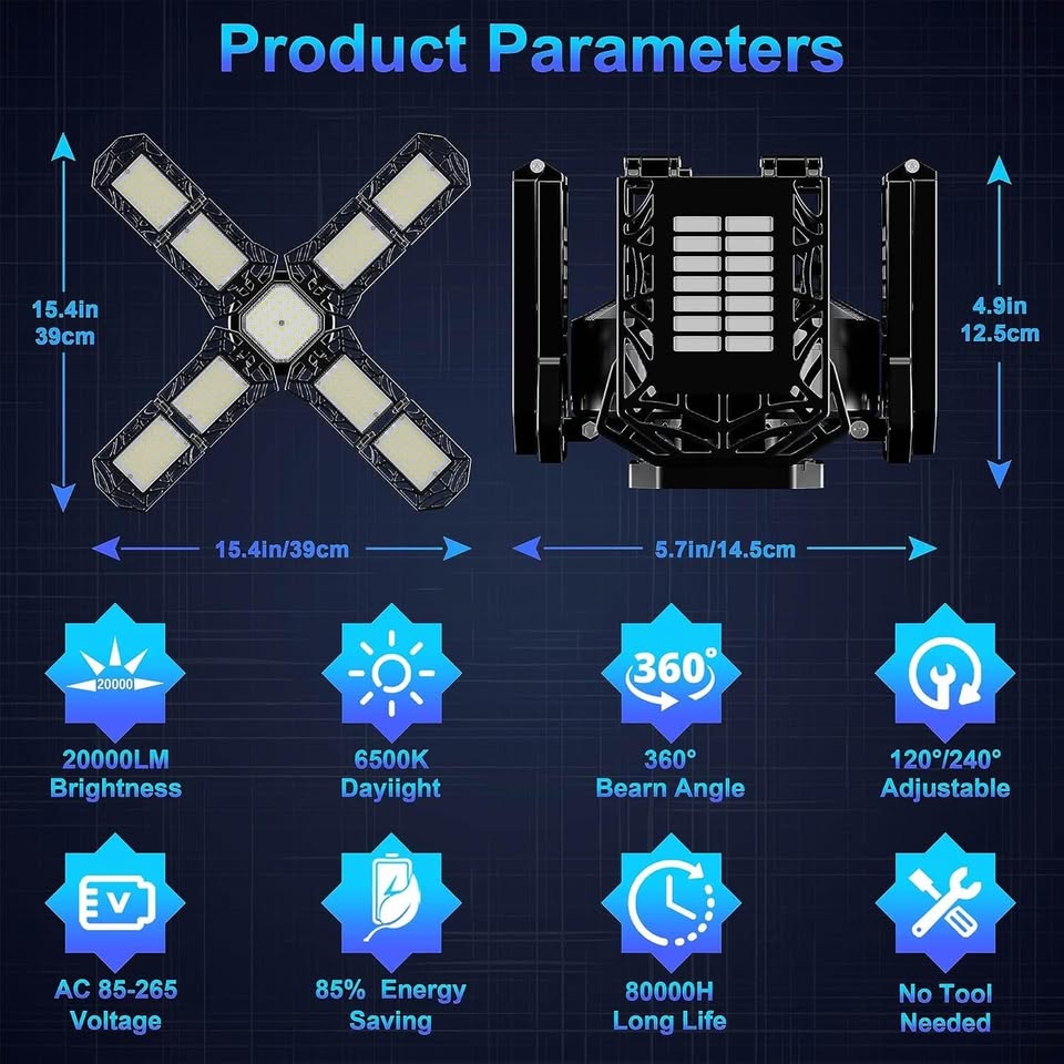 超亮LED车库灯 - 200W 20000流明，可变形E26/E27螺口吸顶工作灯，带8+1个可调节面板，适用于车间和地下室的商业照明