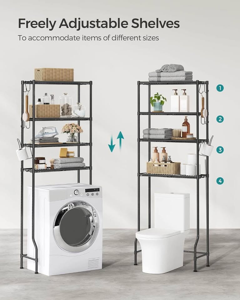 SONGMICS 4 Tier Over The Toilet Storage, Metal Storage Rack, 4 Hooks, Roll Holder, Space-Saving Bathroom Storage Shelf Organizer, Black