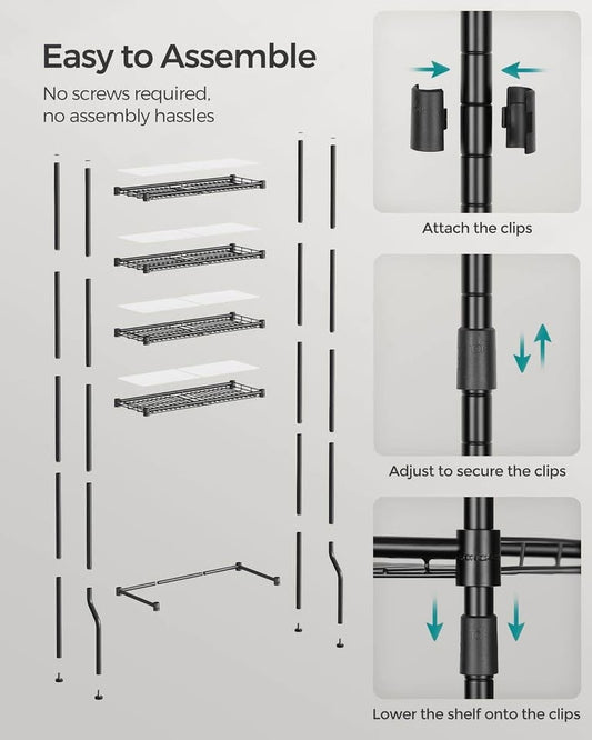 SONGMICS 4 Tier Over The Toilet Storage, Metal Storage Rack, 4 Hooks, Roll Holder, Space-Saving Bathroom Storage Shelf Organizer, Black