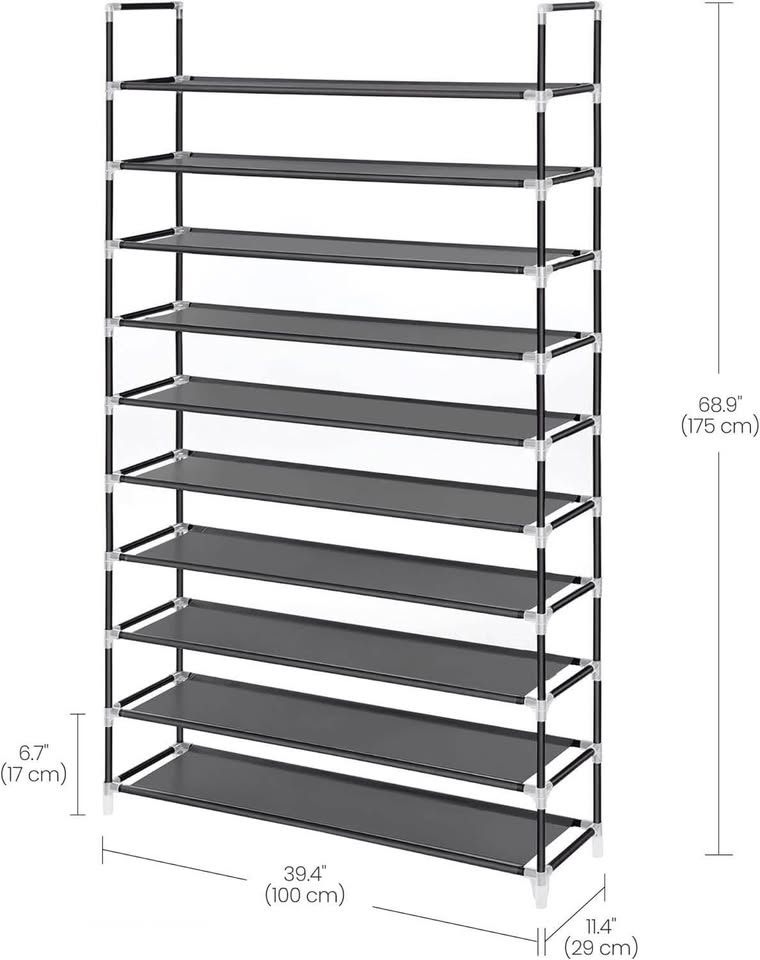 SONGMICS 10层鞋架，适用于走廊壁橱的鞋子收纳架，纤薄节省空间，金属框架，无纺布层板，黑色