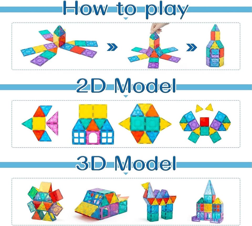 儿童磁力片 - 102 片装 STEM 磁力积木套装，寓教于乐，适合 3 岁以上男孩女孩的儿童积木玩具，蒙特梭利圣诞新年玩具礼物