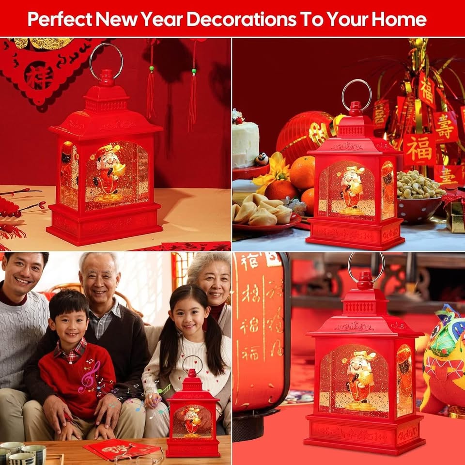 雪花球灯笼装饰品，带音乐灯、水闪雪花球和蔡神雕像，中国农历新年装饰品，USB和电池供电雪花球，春节礼物