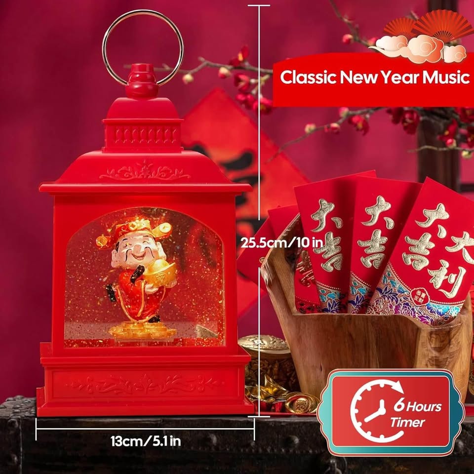 雪花球灯笼装饰品，带音乐灯、水闪雪花球和蔡神雕像，中国农历新年装饰品，USB和电池供电雪花球，春节礼物