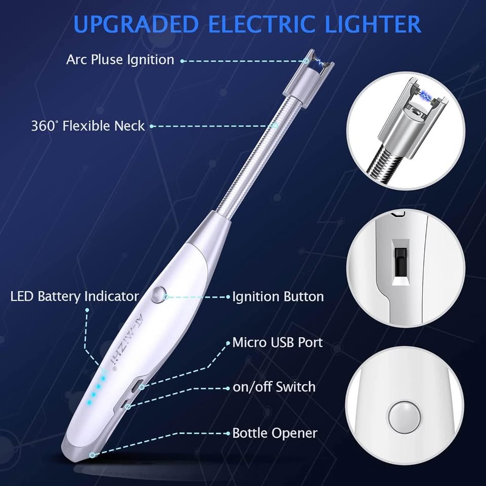 电动打火机，蜡烛打火机，可充电，带安全锁，烧烤打火机，等离子打火机，360°灵活长颈USB打火机，带LED显示屏，防溅防风电弧打火机，适用于露营烟花