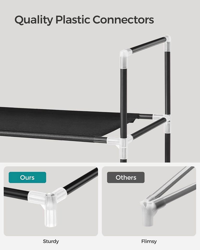 SONGMICS 10层鞋架，适用于走廊壁橱的鞋子收纳架，纤薄节省空间，金属框架，无纺布层板，黑色
