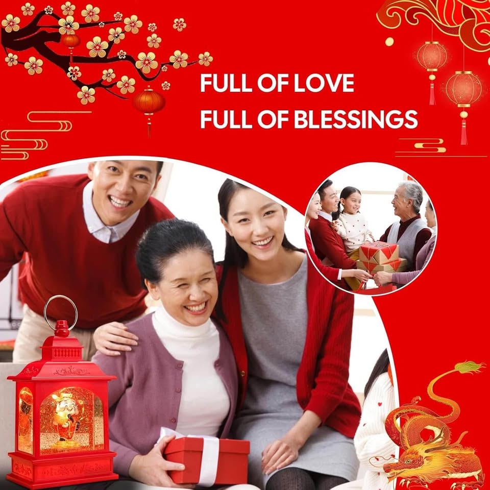雪花球灯笼装饰品，带音乐灯、水闪雪花球和蔡神雕像，中国农历新年装饰品，USB和电池供电雪花球，春节礼物