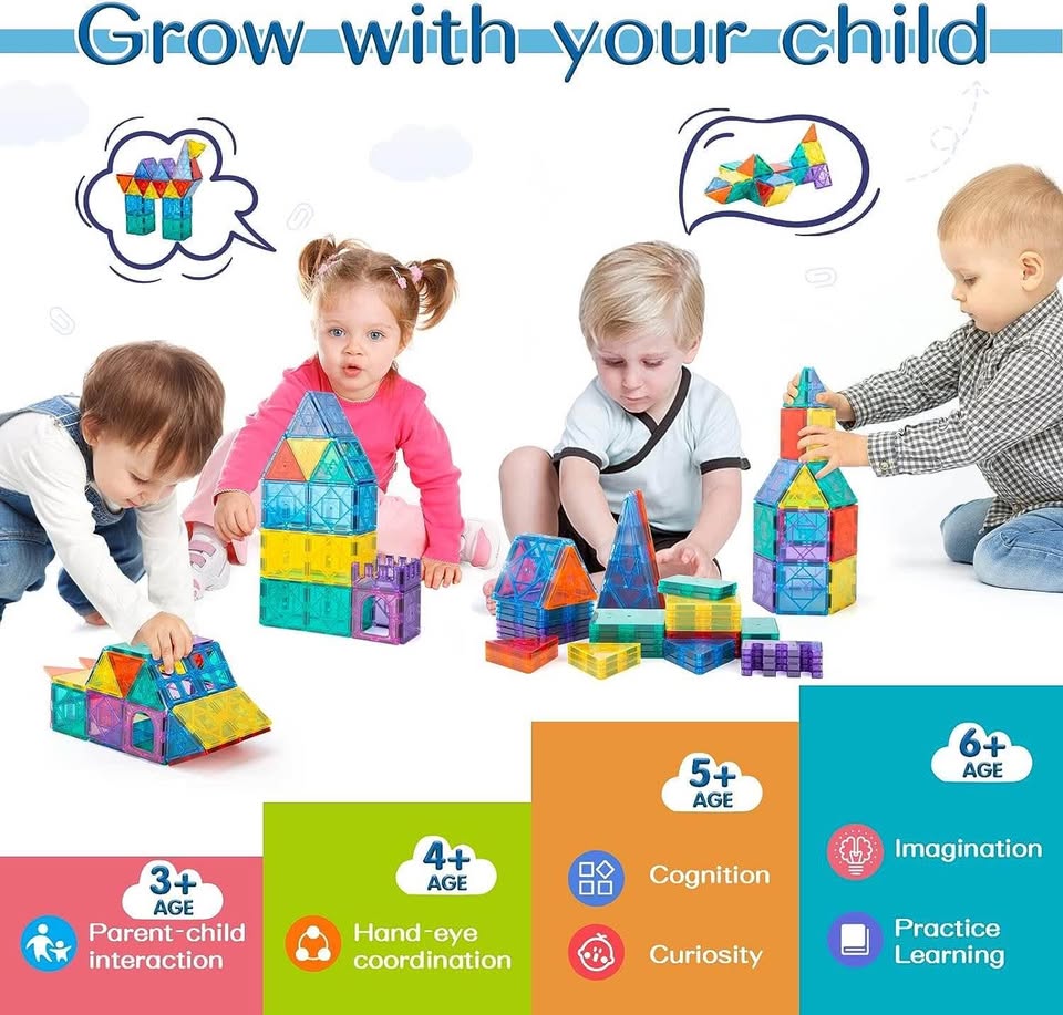 儿童磁力片 - 102 片装 STEM 磁力积木套装，寓教于乐，适合 3 岁以上男孩女孩的儿童积木玩具，蒙特梭利圣诞新年玩具礼物