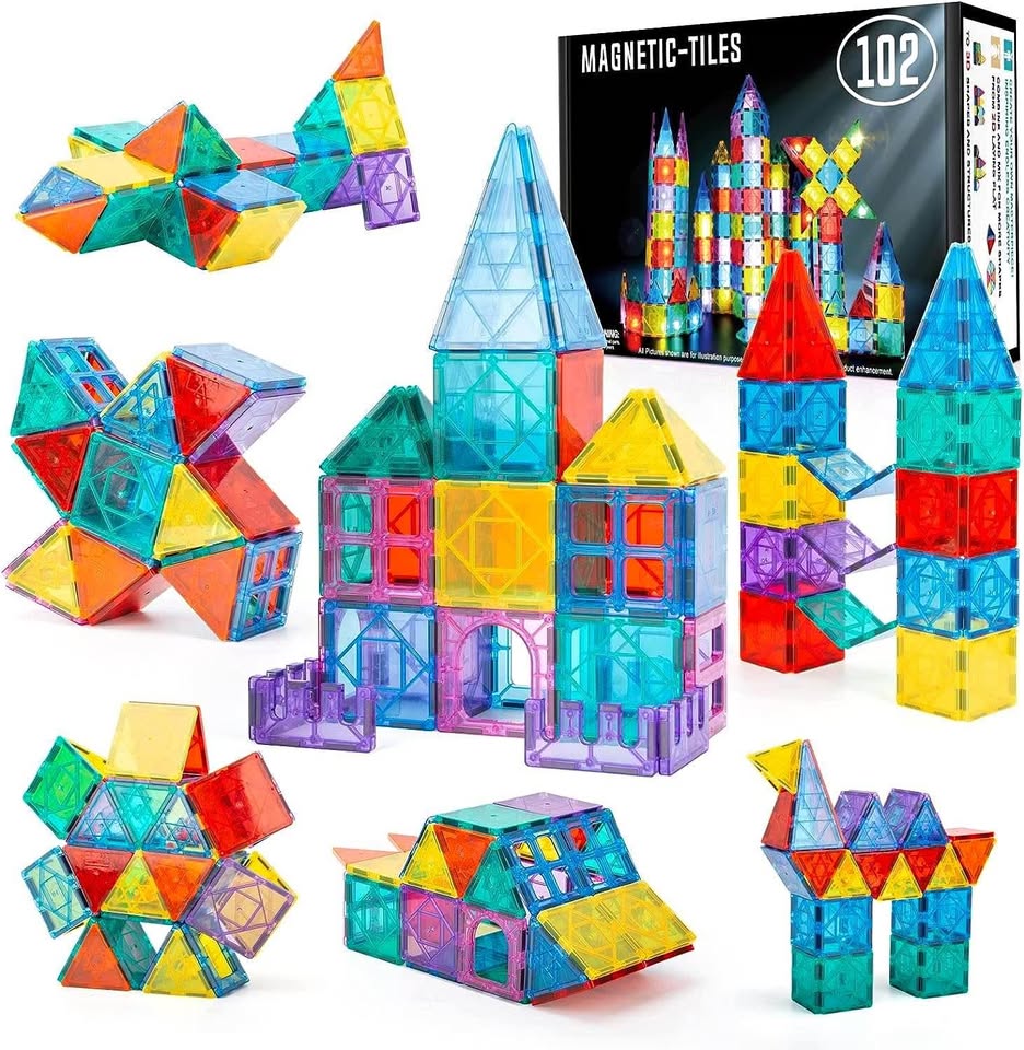 儿童磁力片 - 102 片装 STEM 磁力积木套装，寓教于乐，适合 3 岁以上男孩女孩的儿童积木玩具，蒙特梭利圣诞新年玩具礼物